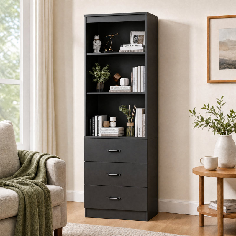 Bibliothèque standard de 69 po de hauteur avec 3 tiroirs et 3 tablettes ouvertes, armoire de rangement pour bureau personnel