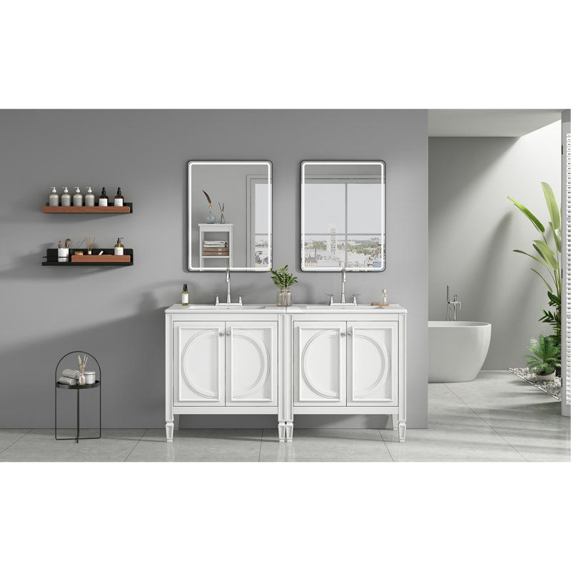 Meuble-lavabo autoportant de 60 po avec lavabo double, structure en bois massif, panneau, trop-plein en céramique, style rétro, tablettes réglables, planches, design rétro, tablettes