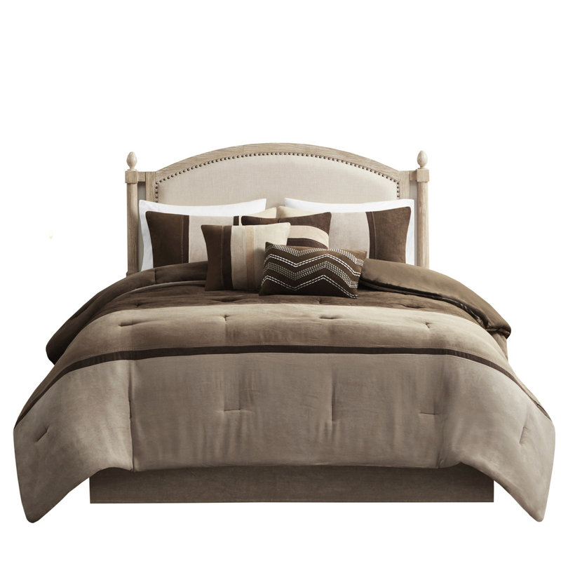 Ensemble de literie 7 pièces en faux suède, Édredon grand + 6 taies d'oreiller standard, Brun