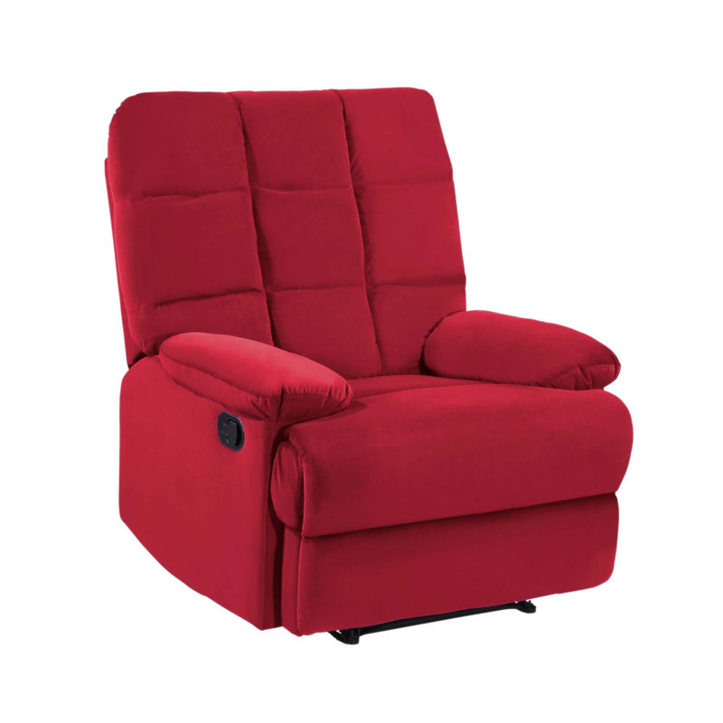 Luxurious Velvet Reclining Chair with Tufted Back and Pillowtop Arms, Perfect for Modern Living Rooms., Red