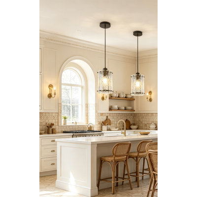 Black Pendant Light with Water Ripple Glass, Modern Adjustable Fixture for Kitchen Island Dining Over Sink