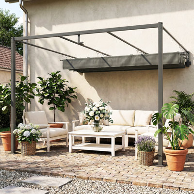 10'x10' Retractable Pergola Canopy Wall-Mounted Pergola, Dark Grey