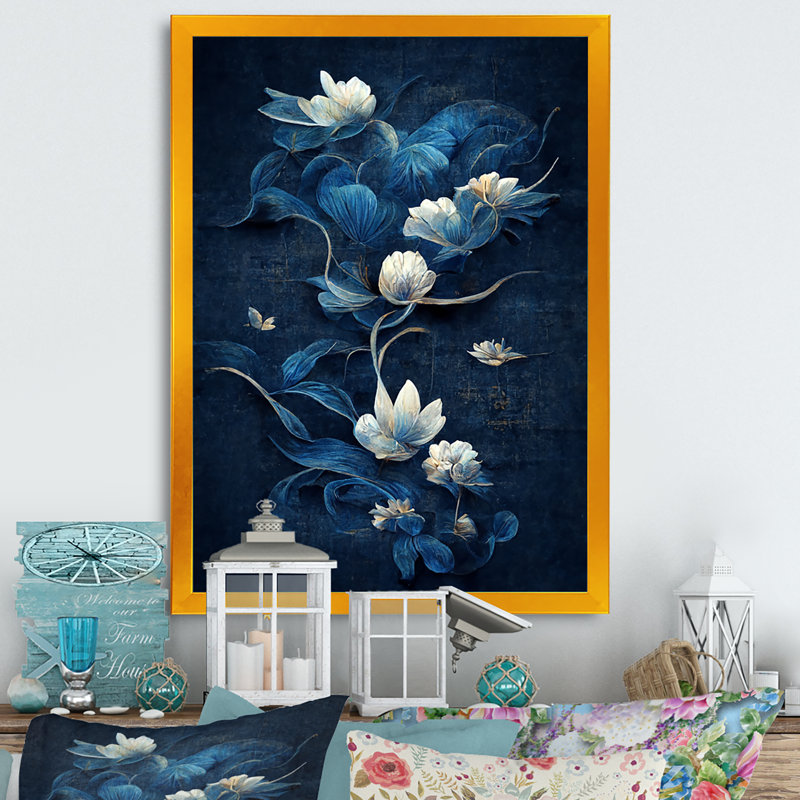 Fleurs chinoises bleues et blanches IV - Art mural floral, Toile avec cadre doré, H 40 po x l 30 po x P 1,5 po