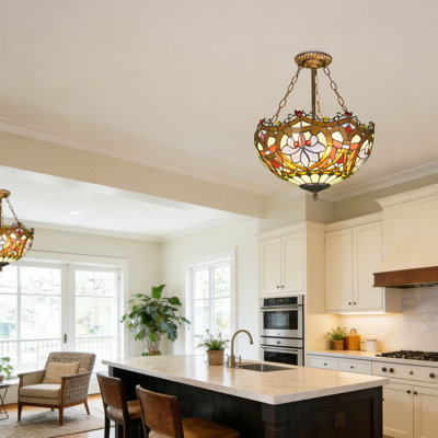 3 - Light Vintage Baroque Stained Glass Semi Flush Mount Lighting Dimmable