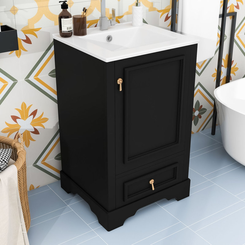 Meuble-lavabo de salle de bain avec lavabo, support de porte, tiroir et tablette réglable, Noir et or