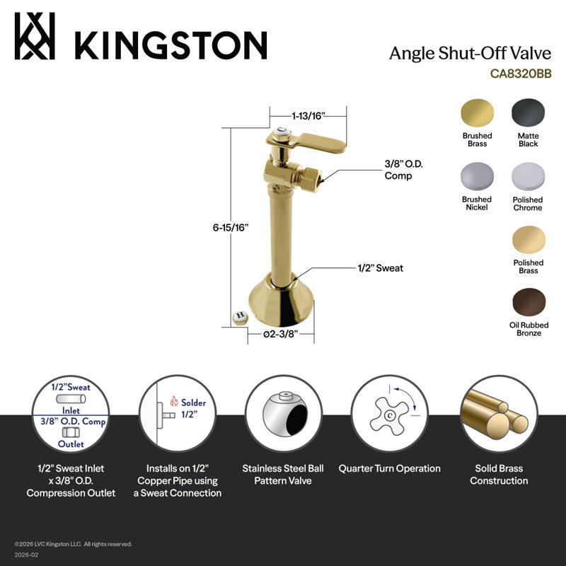 Kingston Brass Whitaker 1/2-Inch Sweat x 3/8-Inch OD Comp Quarter-Turn Angle Stop Valve with 5-Inch Extension and Flange
