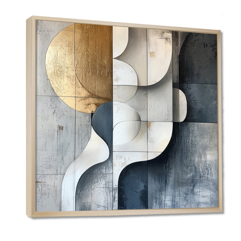 Motif géométrique abstrait doré et gris de forme ontine d'Ontine, Impression encadrée flottante, Crème, crème