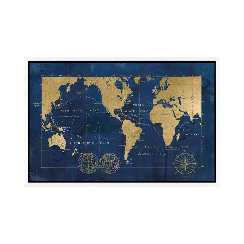 Indigo World Map by Carol Robinson - Print on Canvas, White Framed, 152.5 cm H x 101.5 cm W