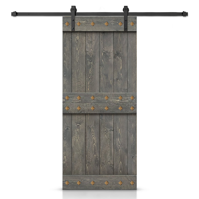 Porte de grange en bois à panneaux avec trousse de quincaillerie d'installation, Gris patiné, 44 po x 84 po