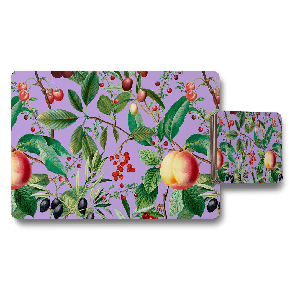 Fruit Pattern Placemat and Coaster Set in Purple Background