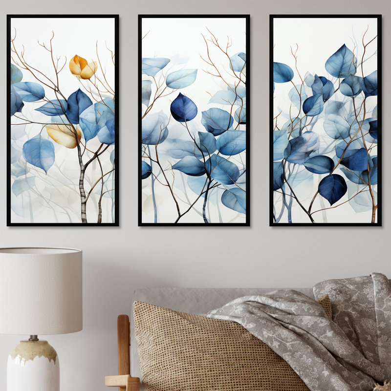 Ensemble d'art mural bleu et gris sur une branche II - feuilles, Cadre flottant noir, H 28 po x l 36 po x P 1 po