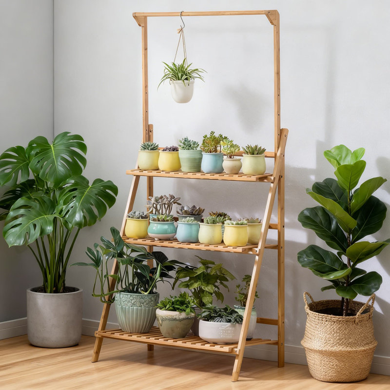 Support à plante à 3 niveaux suspendu en bambou avec design pliable