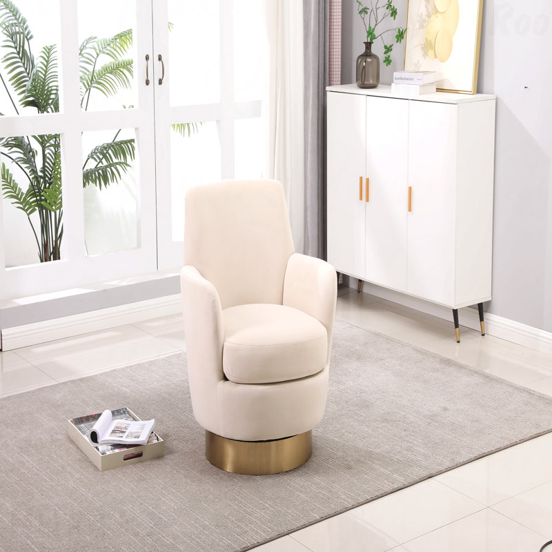 Fauteuil demi-tonneau pivotant en velours, fauteuil pivotant avec chaises d'appoint pour le salon, fauteuil de lecture confortable pour la chambre à coucher, fauteuil demi-tonneau rond avec base en acier inoxydable doré (beige)