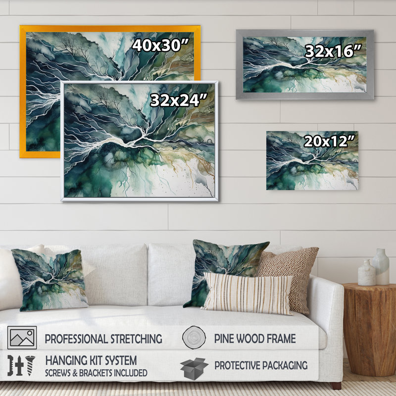 «Green Blue Marbré Dreamscape II», art mural géométrique abstrait, H 30 po x l 40 po x P 1,5 po, Cadre flottant doré