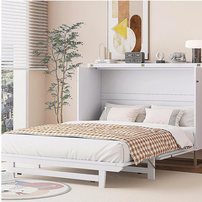 A Murphy oversized bed with a frosted glass door design, drawer-like appearance, and metal legs, white