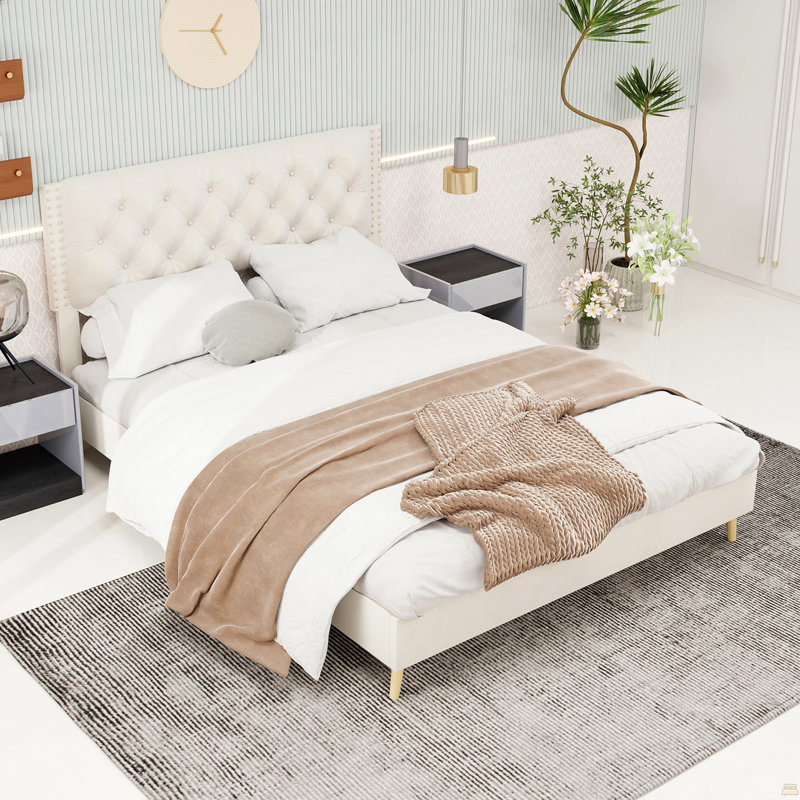 Lit tapissier en velours, Beige, Grand lit