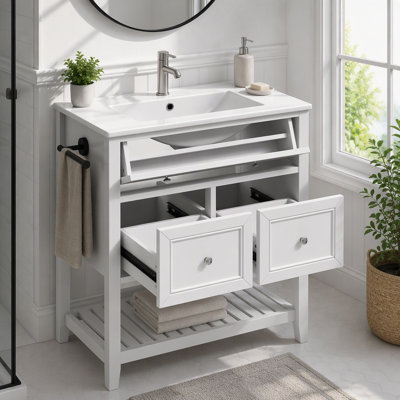 Meuble-lavabo de salle de bain avec lavabo en céramique, tiroirs et tablette ouverte