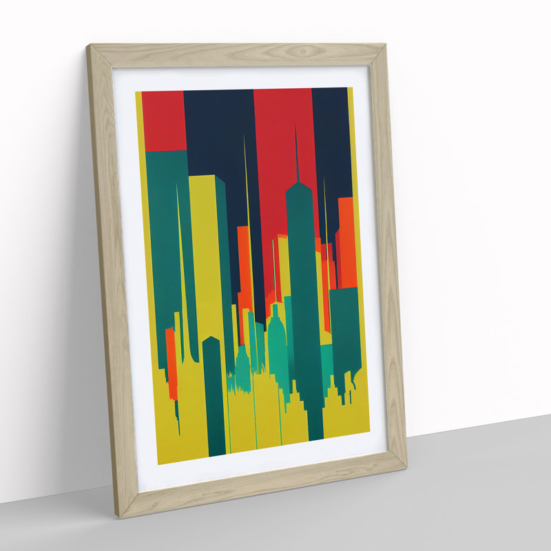 Illuminated City Skyline Abstract - Wall Art, 64cm H x 46cm W x 2cm D, Oak Framed