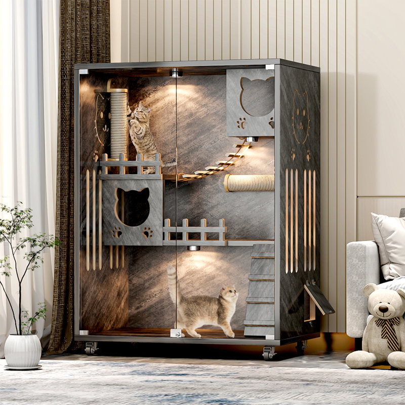 Desara Wooden Cat Villa, Large Cat Enclosure, Indoor Enclosed Cat House
