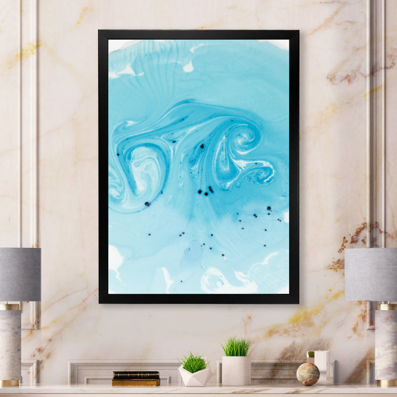 Peinture abstraite bleue Marble II - œuvre d'art moderne sur toile, Cadre photo noir, H 12 po x l 20 po x P 1 po