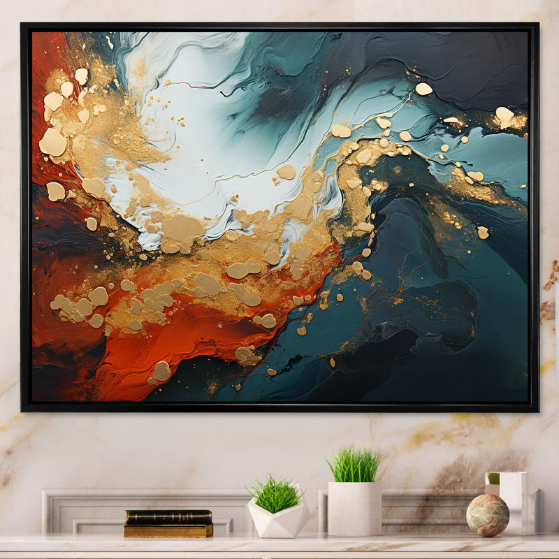 Tempête de marbre bleu et doré IV - art mural abstrait, Cadre flottant noir, H 30 po x l 40 po x P 1,5 po