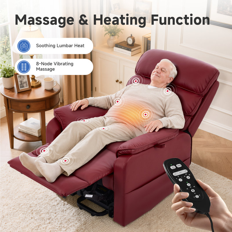 Dual Motor Lay Flat Power Lift Chair Recliner for Elderly with Massage and Heat, Electric Lift Recliner with Infinite Position, USB A&C (T6011 - Breathable Faux Leather, Burgundy)
