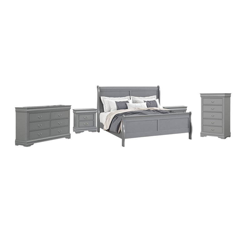 Ensemble de chambre avec grand lit 5 pièces, gris et nickel, ensemble 5 pièces avec 2 tables de chevet, commode et commode