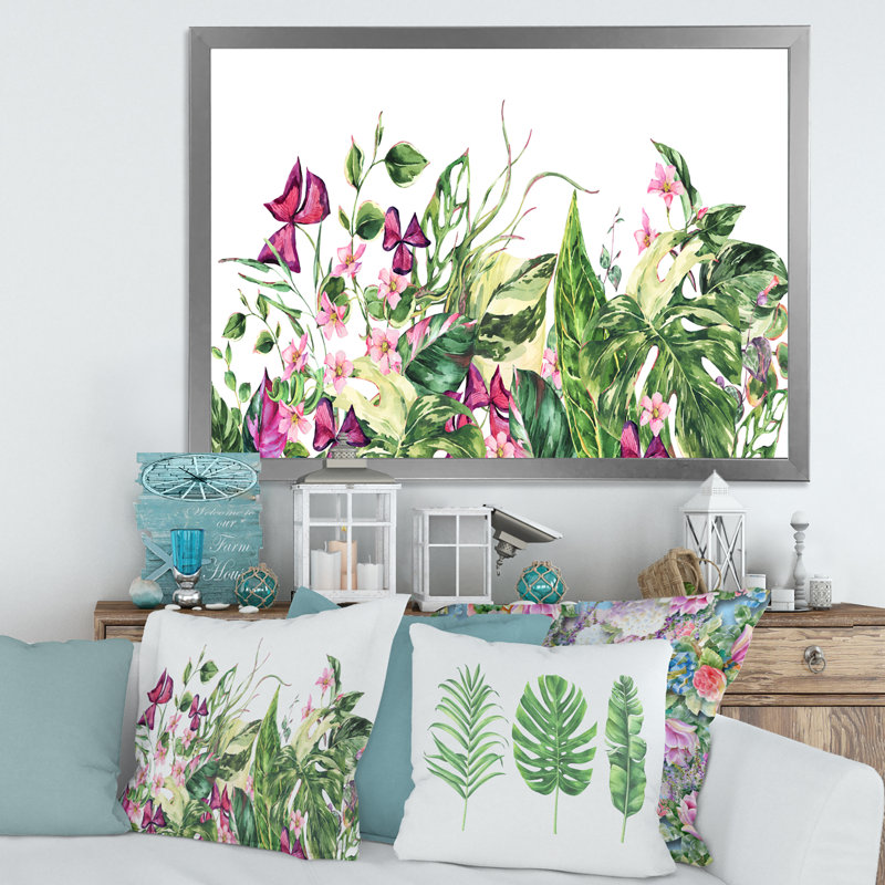 «Vintage Floral Tropical Leaves I», reproduction d'art sur toile, H 30 po x l 40 po x 1,5 po, Encadrement argenté