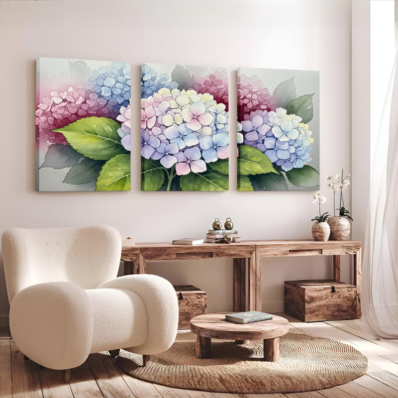 Hydrangea, impression sur toile à motif floral sur toile, ensemble de 3, H 30 po x l 60 po