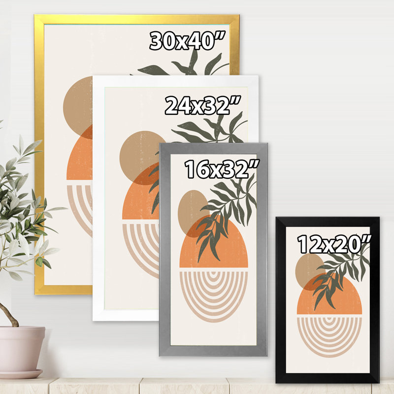 Abstrait géométrique, soleil et lune avec feuille I - photographie encadrée sur toile, Encadrement doré