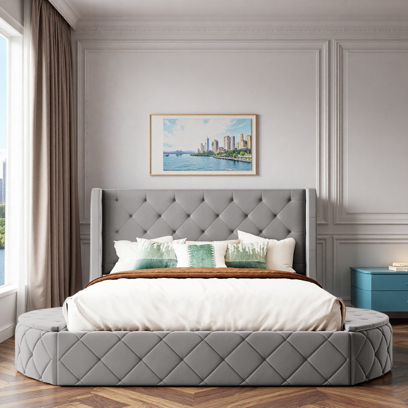 Lit plateforme tapissier avec tête de lit à oreilles, 1 grand tiroir et 2 tabourets de rangement latéraux, Gris