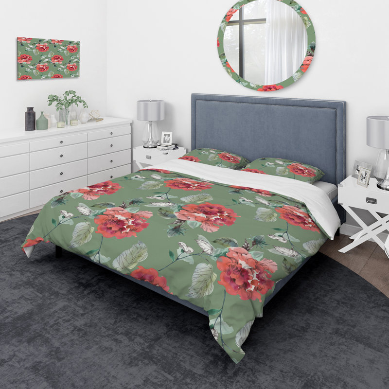 Ensemble de housse de couette à fleurs rouges, Housse de couette double / grand et 2 taies