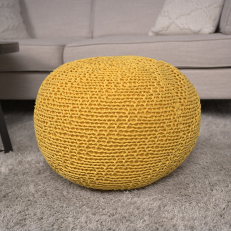 Pouf tricoté rond en coton, jaune