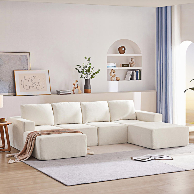 Canapé modulaire rembourré modulaire avec repose-pieds, Chenille beige