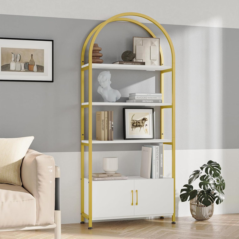 Arched Bookshelf, Bookcase With Doors Storage, Gold