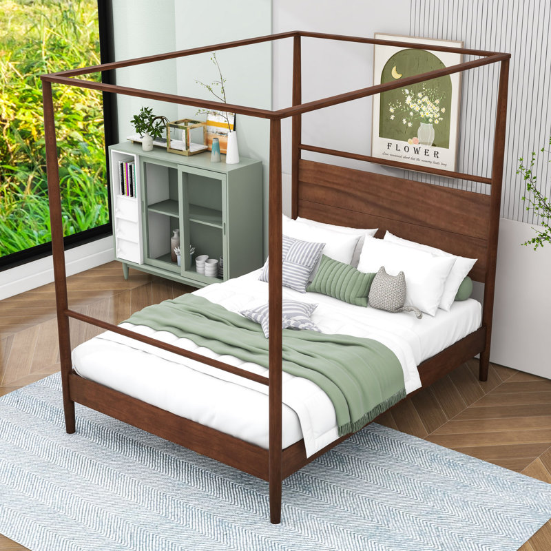 Lit plateforme à baldaquin en bois avec tête de lit, Double