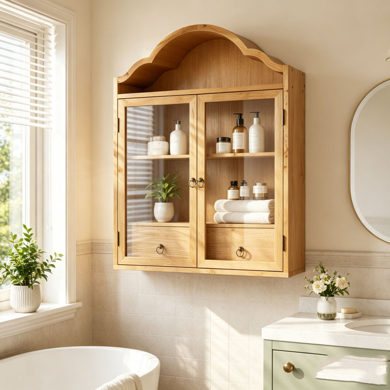 Solid Wood Wall Cabinet with Elegant Wave, Natural