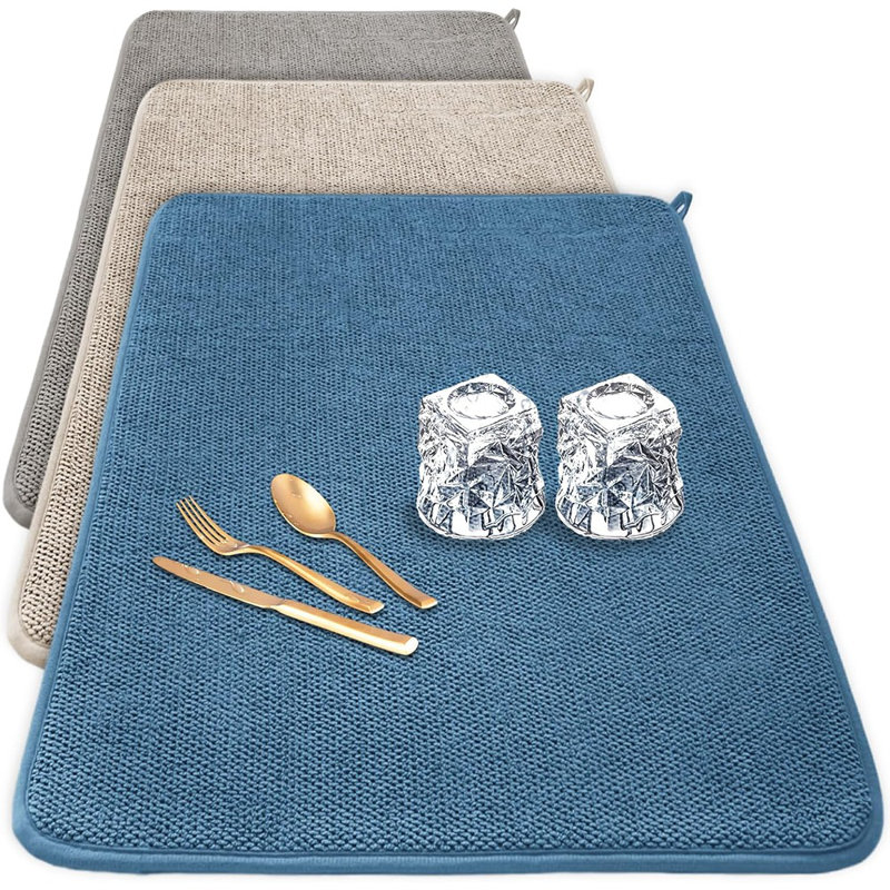 Tapis de vaisselle - beige / bleu / gris - grand, microfibre absorbante, comptoir de cuisine, café, support et sous l'évier