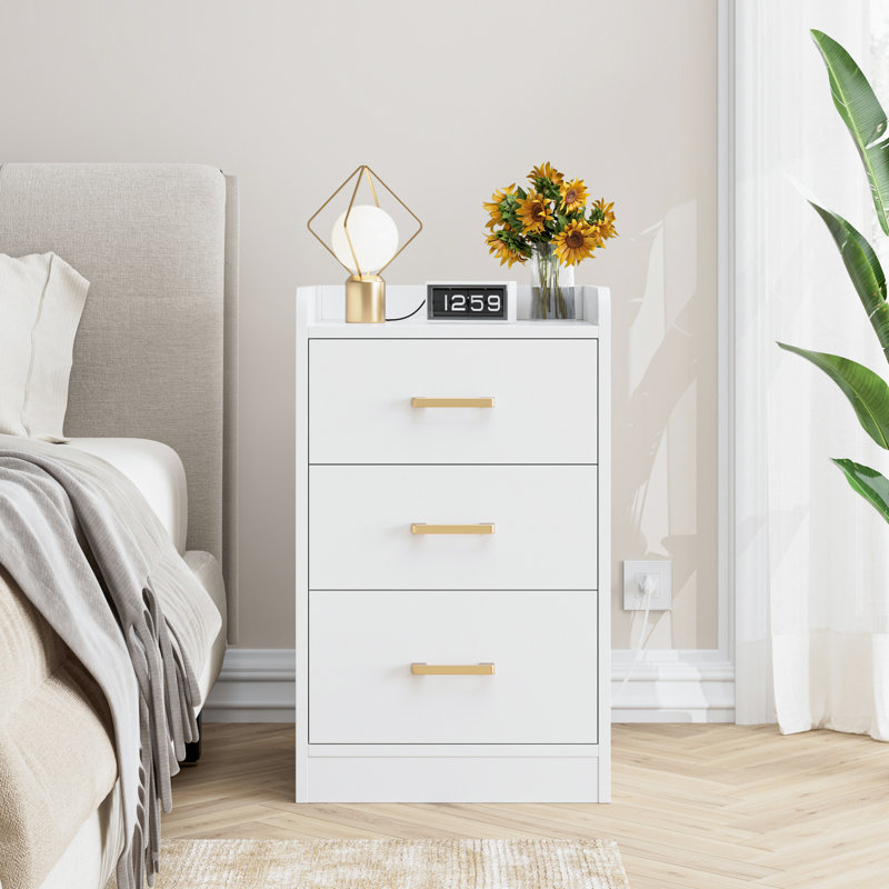 Bettylee 3-Drawer Nightstand with Charging Station, White, Individual
