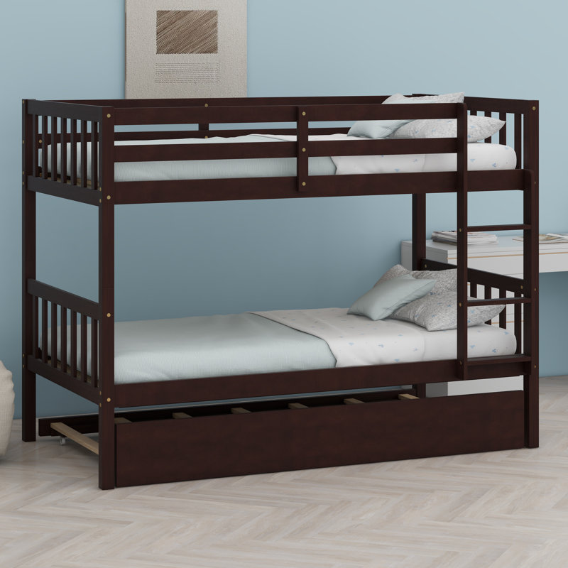 Bunk Bed With Integrated Trundle, Sturdy Ladder, And Protective Guardrails, Espresso