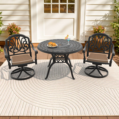 3-Piece Bistro Dining Set,39.37" Round Dining Table with Umbrella Hole & 2 Swivel Chairs with Brown Cushions