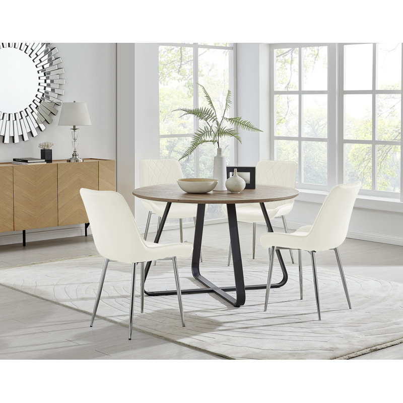 Venedocia Round Wood Effect Dining Table & 4 Luxury Velvet Dining Chairs, Cream/Silver