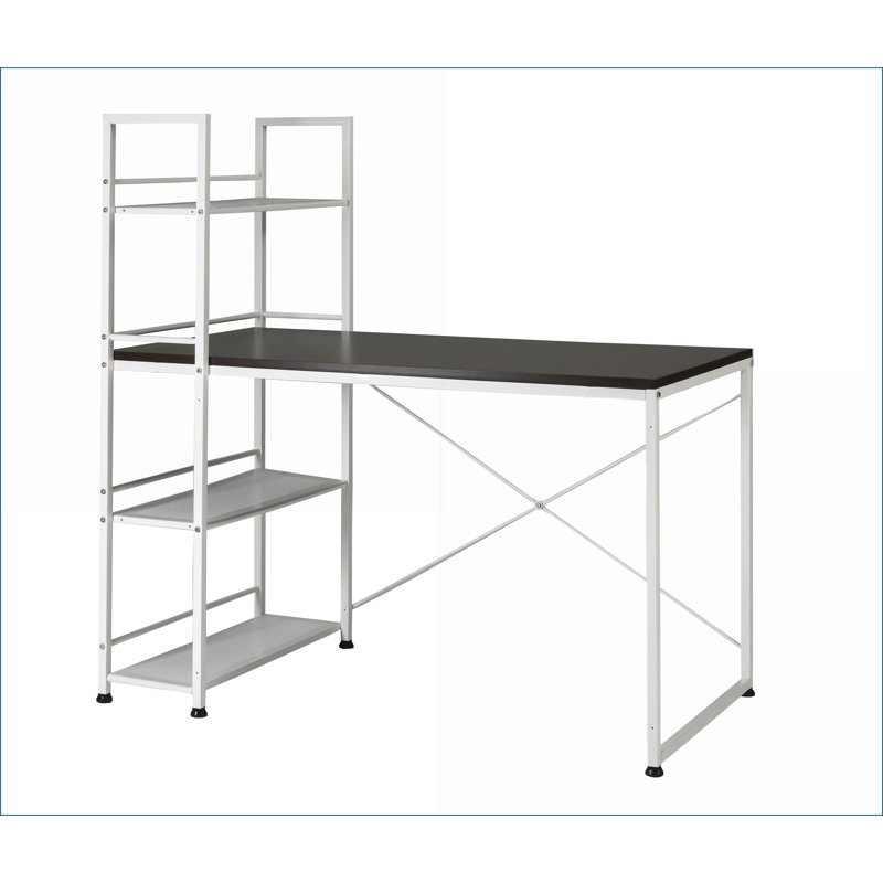 Desks Modern 47” Reversible Workstation Desk with Built-In Bookshelf | White/Brown | MDF+Metal