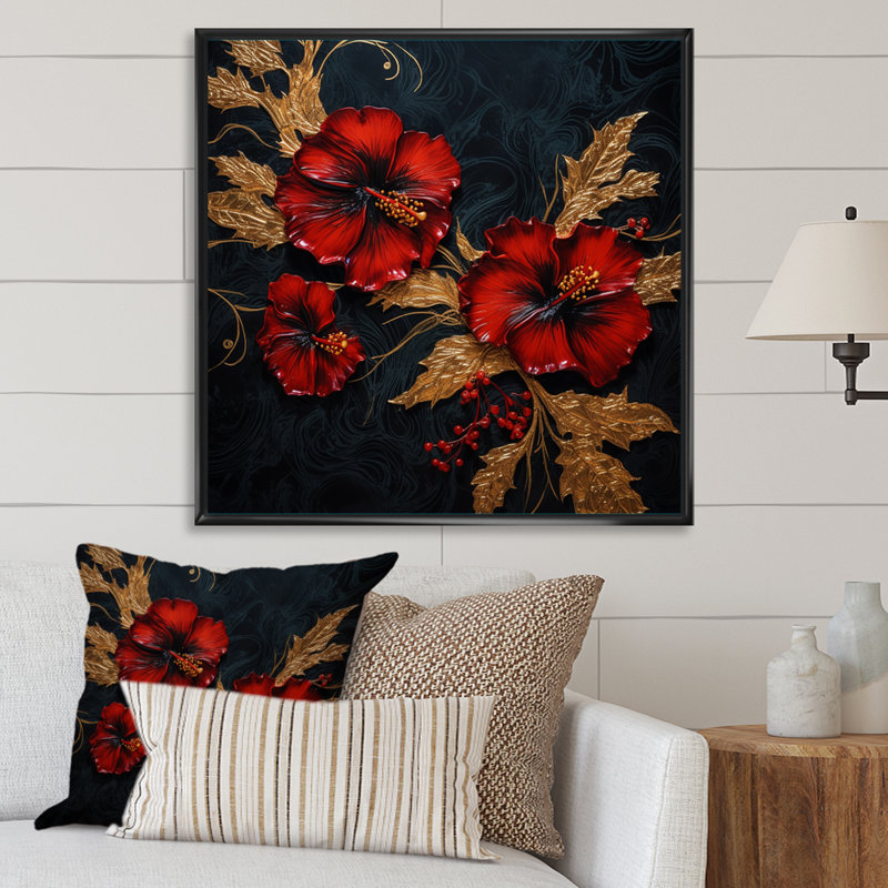 «Red Gorgeous Gilded Hibiscus On», impression sur toile encadrée, H 30 po x l 30 po x P 1 po, Cadre flottant noir
