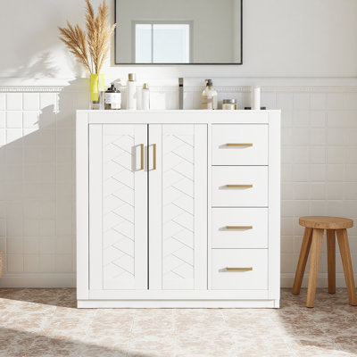 Ensemble de meuble-lavabo 36 po avec lavabo en céramique, armoire de rangement en bois massif, ensemble de meuble-lavabo autoportant avec 3 tiroirs et portes à fermeture douce