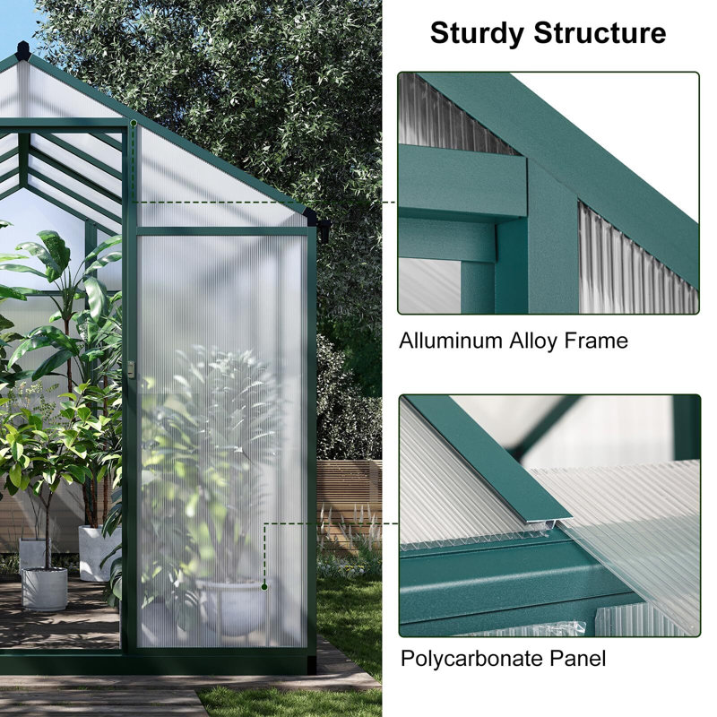 Green 6x10 FT Polycarbonate and Aluminum Outdoor Greenhouse