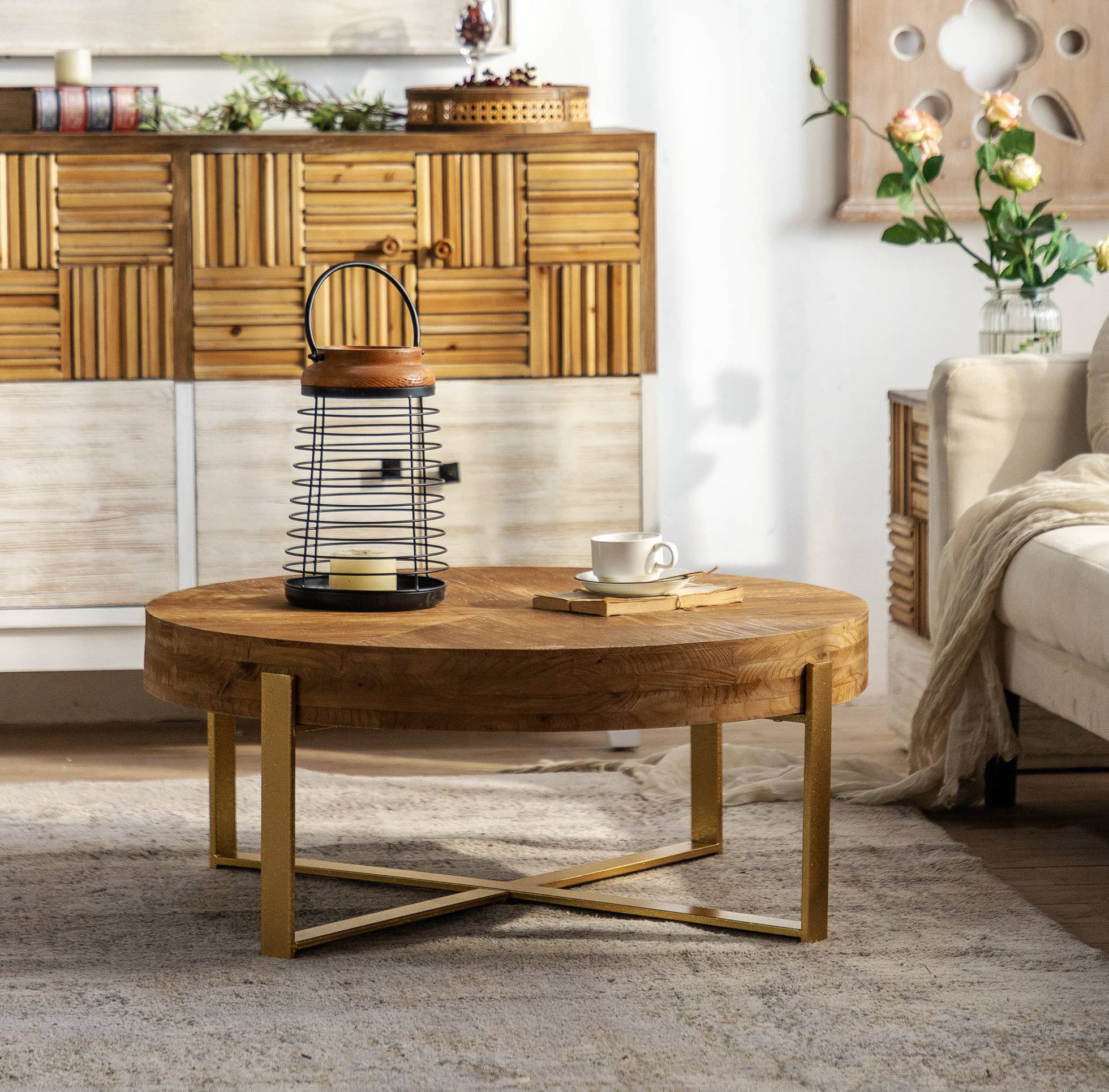 Wood and gold round coffee outlet table