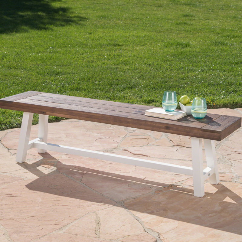 Banc en bois avec sablage brun foncé et structure en métal rustique blanc, profondeur de 15,13 po pour banc d'extérieur, sièges