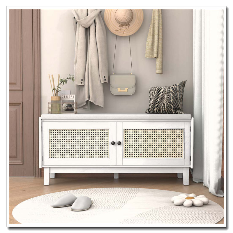 Boho Rattan Entryway Storage Bench with Removable Cushion and Adjustable Shelves, White