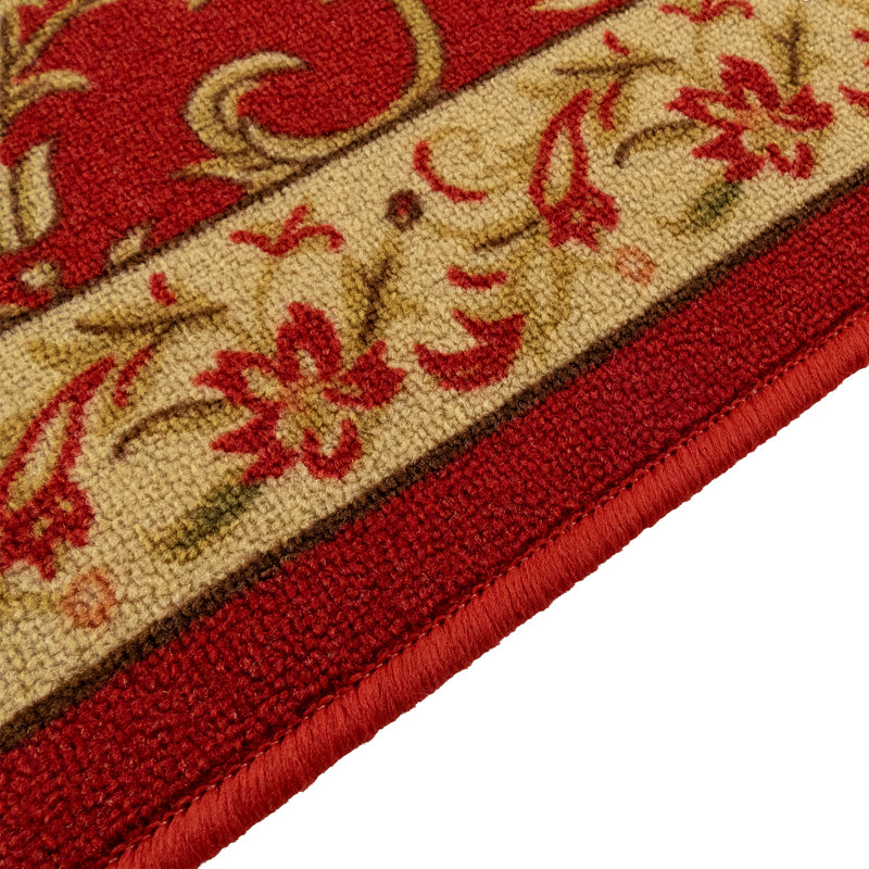 Custom Size Washable Non-Slip French Veronica Floral Red Design Low Pile Hallway Runner Rugs, Runner 3' x 38'